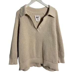 Aerie Sugar Rush Sweater Women M Cream Chunky Knit Collared Grandpacore Chenille